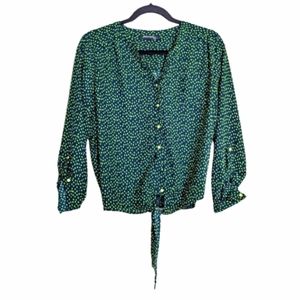 🌟 Philosophy Neon Green Polka Dot Button Down Tie Waist Blouse Size Large